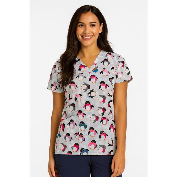 Dickies Penguin Paisley Festive Winter Print Scrub Top Size Small Cotton Gray - Picture 1 of 7